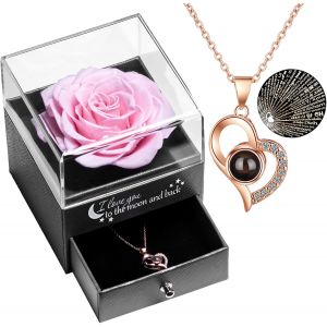 V&eacute;ritable Rose &eacute;ternelle avec Collier I Love You, Rose &eacute;ternelle pour Anniversaire No&euml;l la Saint-Valentin la F&ecirc;te des m&egrave;res,Cadeaux Femme - Neuf
