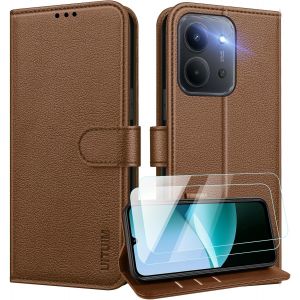 KALANKA-Coque pour Xiaomi Redmi 15C 5G/4G Coque Etui Portefeuille Cuir avec 2 Verre Tremp&eacute; Protection &Eacute;cran Porte Carte Rabat Clapet Flip Case &Eacute;tui Housse Etui pour Redmi 15C 5G/4G,Marron - Neuf
