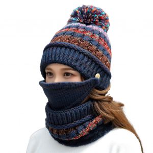 Ensemble Bonnet Et Echarpe Tricotes 3 En 1 Pour L'hiver, Doublure Polaire Chaude Avec Pompon, Pour Femmes Et Filles - Neuf