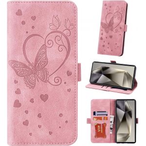 Kal-Coque Pour Samsung Galaxy S24 Ultra 5g 6.5"" 2024 Etui, Couverture De Feuillette Mobile Housse En Cuir Pu Butterfly Avec Bracelet Pour Samsung S24 Ultra, Rose - Neuf