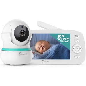 Babyphone Caméra,5"" Babyphone 360° Zoom 4x Vision Nocturne Audio Bidirectionnel,5000mah Batterie,Rappel Alimentation,Berceuses,Détection Pleurs Vox Sans Wifi,Détection Température - Neuf