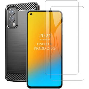 Oneplus Nord 2 5g - Pack 2 : Coque Fine Effet Fibre Carbone Brossée Noire + 2 Verres Trempés 9h, Antichoc Et Bords Surélevés (Protection Écran Et Caméra) - Neuf