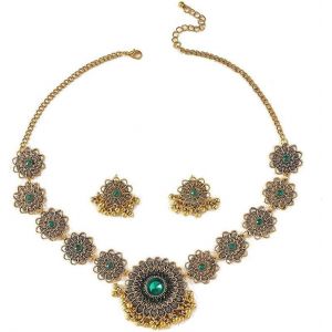 Kal-Ensemble De Bijoux Indiens Bollywood Femmes Collier Choker Oxydé Boucles D'oreilles Jhumkas Or Plaqué Zirconium Style Bohème Pour Mariage Fête Cérémonie Fleurs Franges Et Perles Et Ethnique - Neuf
