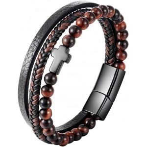 Eryi-Bracelet Homme Cuir Perle: Bracelet Croix Chrétien Homme Cuir Tressé Multirang Perle Avec Boucle À Loquet - Cadeau Homme Fête Des Pères Anniversaire - Neuf