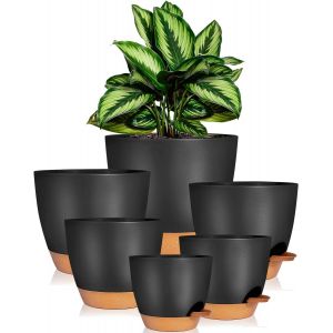 ASFASFq-Lot de 6 pots de fleurs ronds en plastique avec soucoupe 20,3/17,7/16,5/15,2/14/12,5 cm, auto-arrosage, pour balcon, plantes succulentes, cactus, noir - Neuf