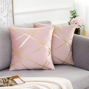 Tianyi-Rose Velours Housse De Coussin 45x45 Cm Coussin Lignes Dor&eacute;es D&eacute;coratifs Housses D'oreiller G&eacute;om&eacute;trie Coussin Salon Chambre Banc Auto Taie Coussin Canap&eacute; Hivernal Lot De 2 - Neuf
