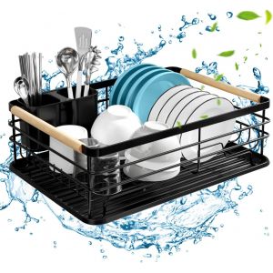 Eryi-Egoutoire Vaisselle Cuisine,Égouttoir À Vaisselle Avec Panier À Couverts Et Plateau D'égouttement Amovible,43 X 30 X 14cm,Séchoir À Vaisselle Pour Rangement Couverts Assiettes Verres (Noir) - Neuf