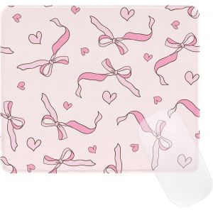 TIANYI-Cute Bowknot Tapis de Souris,Petit Tapis de Souris Drôle Carré avec Base en Caoutchouc Imperméable et Antidérapante avec Bord Cousu,Gaming Mousepad pour Bureau,24x20x0.3CM,Noeud Rose et C?ur - Neuf