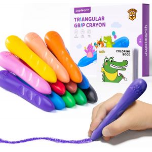 Lot de 12 crayons de couleur pour enfants de 4 &agrave; 8 ans avec livre de coloriage et autocollants bonus, crayons triangulaires non toxiques et lavables pour tout-petits de 1 &agrave; 3 ans, jouets - Neuf