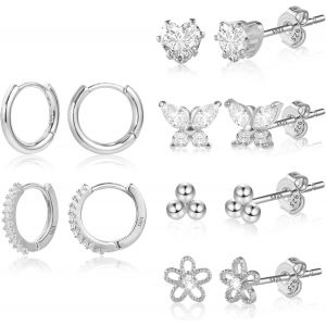 Kal-6 Paires Lot Boucles D'oreilles En Or Argent 925, Boucles D'oreilles Cr&eacute;oles Avec De Clous En Diamant Petit, Hypoallerg&eacute;nique Cz Cartilage Boucles D'oreilles Clous D'oreilles Pour Femmes Filles - Neuf