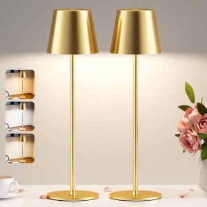 2 Pièces Lampe De Table Led Sans Fil, 3 Température De Couleur, Intensité Variable, Lampe De Chevet Tactile Rechargeable Pour Chambre Salon Camping Jardin Café Extérieur(Or) - Neuf