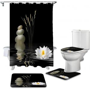 Zen Pierres Rideau de Douche, Set de 4, Lotus Blanc, Noir, Imperméable à l'eau, Wc Tapis, antidérapant, 180 x 180 cm - Neuf