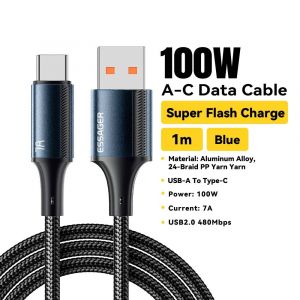 Essager 7a Usb Type C Câble Pour Realme Huawei P40 Pro 100w Fil De Charge Rapide Usb-C Chargeur Cordon De Données Pour Samsung Xiaomi Poco F3-1m-100w Blue - Neuf