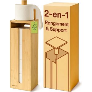 JEXNOVASHOP-Porte Papier Toilette sur Pied Bois - Rangement Papier Toilette Bambou FSC avec Couvercle Magnétique pour 4 Rouleaux - Peu Encombrant - Antidérapant - Neuf