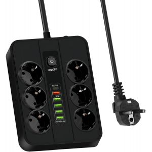 Multiprise USB-C noir : cuivre ABS USB multiprise 2 m avec 5 ports USB A et 1 port de charge rapide de type C, charge rapide, multiprise pour la maison, le bureau et le salon, noir - Neuf