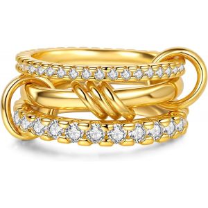 Kahfl-Bague Multi-Liens Reliée Bague D'éternité Bague Avec Bande De Liaison En Or Massif Bague Avec Maille Trinity À Emboîtement Avec Ensemble De Zircons Cubiques Cz (B-Or,8) - Neuf
