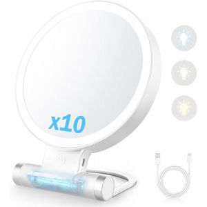 Kal-Miroir Grossissant Lumineux, 10x/1x, Miroir Grossissant Lumineux Sur Pied Double Face 3 Couleurs 48 Led, Miroir De Maquillage Portable, Miroir Maquillage Grossissant Rechargeable - Neuf