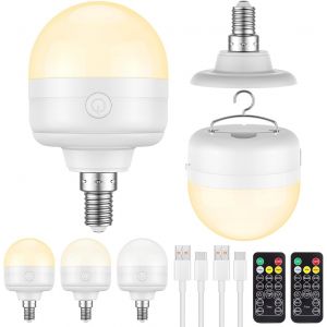 Lot De 2 Ampoules Led Rechargeables E14 À Intensité Variable Avec Crochet Caché Et Télécommande,10 W,3 Couleurs,Ampoule De Batterie Avec Fonction Pour Le Camping,Éclairage D'urgence Avec - Neuf