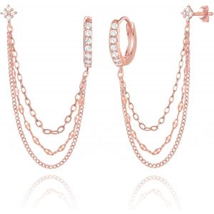 Kal-Boucles D'oreilles Cha&icirc;ne Pour Femmes - 925 Sterling Silver Quatre Zircons Fleur Boucles D'oreilles Triple Cha&icirc;ne Double Piercing Cha&icirc;ne Boucles D'oreilles Bijoux Cadeaux Pour Femmes - Neuf