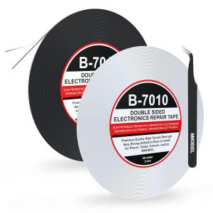 CAUC-Ruban Adh&eacute;sif Double-Face 2x2mm, 50m - Noir/Blanc Ruban Montage avec Adh&eacute;sif Acrylique Puissant pour R&eacute;paration d`&Eacute;crans LCD, T&eacute;l&eacute;phone, Tablette, Ordinateur Portable - Pince &agrave; &Eacute;piler Incluse - Neuf