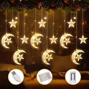 KAL-Rideau Lumineux Noël, 3.5M 8 Modes Étoiles Lune Rideau Lumières Pour Noël, Led Guirlande Lumineuse Fonction Mémoire Batterie/Usb, Fenêtre Lumineux Étoile Noel - Neuf