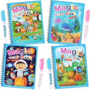 JEXNOVASHOP-Lot de 4 Livre de Coloriage a L&iquest;Eau, pour Enfants,Livre Magique avec Stylo &agrave; l'eau, R&eacute;utilisable Magic Water Book pour Enfants, gar&ccedil;ons, Filles, pour Tout-Petits, Cadeau de No&euml;l - Neuf