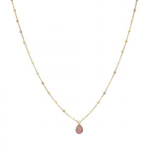 Collier Argent Doré Goutte Pierres Naturelles Quartz Rose Fraise - Neuf