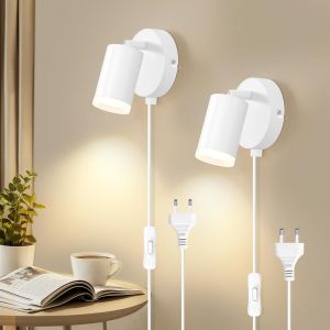 Applique Murale Int&eacute;rieure Avec Interrupteur-Gu10 Spot Lampe Mural 7w Moderne Tourner 350&deg; Pour Tableau Pour Chambre &Agrave; Coucher Salle De Lecture Bureau-Blanc Givr&eacute; 2 Packs-Sans Ampoules - Neuf