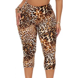 Legging 3/4 Pour Femme &Agrave; Imprim&eacute; L&eacute;opard, Pantalon De Yoga Opaque &Agrave; Taille Haute Et Effet Push-Up, Legging De Sport Slim Fit Avec Effet Fronc&eacute; Au Niveau Des Fesses, Tailles S-L - Neuf