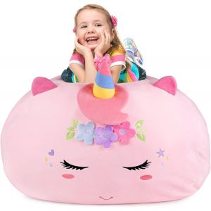 Ulteronixshop-Pouf Chambre Peluche Rangement Sac Haricots Enfant - 200L- Taille XXL - Pouf Salon Fauteuil Peluche Chambre Filles - Grande Licorne - Fermeture &Eacute;clair Gros- Rose - Neuf
