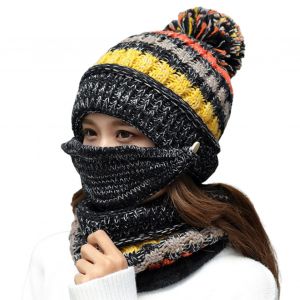 Ensemble Bonnet Et Echarpe Tricotes 3 En 1 Pour L'hiver, Doublure Polaire Chaude Avec Pompon, Pour Femmes Et Filles - Neuf