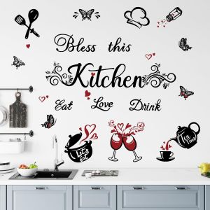 CAUC-Autocollants Muraux de Cuisine Noir Bénissez Cette Cuisine Stickers Muraux Papillon Manger Aimer Boire Citation Ustensiles Art Décorations pour la Maison Salle à Manger Café Restaurant - Neuf