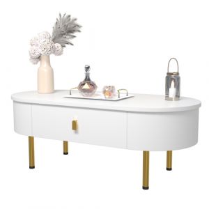 Table basale avec 2 tiroirs, poignees et pieds dores, coins arrondis - Neuf