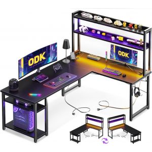 SUBZONAL-Bureau Gaming avec LED, Bureau en L avec &Eacute;tag&egrave;re R&eacute;versible, Prises et Ports USB, Compartiments et Rangement, 150&times;120 cm, Noir - Neuf