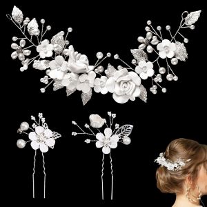 Kal-Accessoires De Cheveux De Mariée En Cristal Argenté - Bandeau Fleur Feuille - Bijou De Tête Avec Perles - Épingles À Cheveux De Mariage - Pour Femmes Et Filles - Coiffure De Mariée (A) - Neuf
