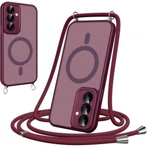 Maa-Coque Magnétique Pour Samsung Galaxy S25 Avec Cordon, [Compatible Avec Magsafe] Etui Translucide Mat Arrière Antichoc Réglable Portable Lanyard Case Protection, Rouge - Neuf