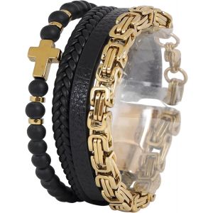 Eryi-Bracelet Homme Cuir Bracelet Acier Inoxydable Argent Bracelet 6mm Pierre Naturelle Cadeau Pour Homme - Neuf