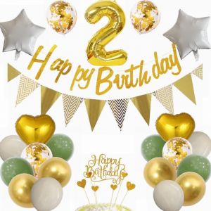 TRAHOO-Ballon 2ème anniversaire Décoration 2 ans Garçon Fille Vert et Doré Décoration 2 Anniversaire Garçon Fille Fête Décoration Décoration Cadeau 2 Ans Anniversaire Décoration Ballon - Neuf