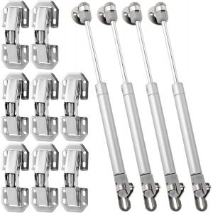 4 Pcs Vérins à Gaz 100 N, 8 Pcs Charnières de Portes Placard, Verin a Gaz Charnières d'armoire Set avec Vis pour Portes d'Armoire, Meubles - Neuf