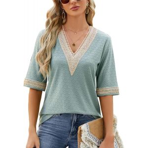 Utigh-Chemisier Femme Chic Et Élégant Blouse Mode Chemise Découpes Col En V Hauts Manches Courtes D'été Top Couleur Unie Casual Tops - Neuf