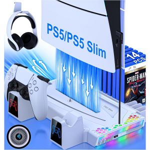 Refroidisseur PS5, Support PS5 avec Ventilateur de Refroidissement/Chargeur Double Manette/14 Emplacements de Jeu/Lumi&egrave;res RVB/Port USB, Socle PS5 pour PS5 Disc/Digital Edition/PS5 Slim - Neuf