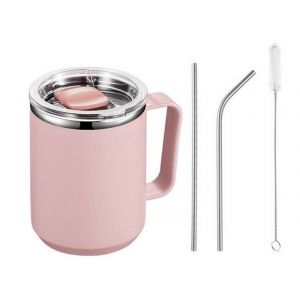 Tasse &Agrave; Caf&eacute; En Acier Inoxydable De 450 Ml Avec Poign&eacute;e Et Couvercle, Rose, Isotherme, &Eacute;tanche, Avec Pailles Et Brosse De Nettoyage - Neuf