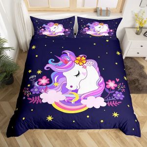 Tianyi-Licorne Housse De Couette Enfant Unicorn 200x200 Fille Violet Licorne Literie Fleur Cheval Literie Set Rose Jaune Arc - En - Ciel Licorne Housse De Couette Licorne Parure De Lit Avec À Glissiè - Neuf