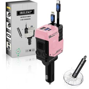 Chargeur Voiture R&eacute;tractable, Chargeur Adaptateur 4 En 1 De Charge Rapide Avec C&acirc;bles R&eacute;tractables Et 2 Ports, Allume Cigare Compatible Avec Iphone, Galaxy, Pixel, Avec Brise Vitre (Rose) - Neuf