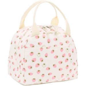 Boîte À Déjeuner Isolée Pour Femmes Sac À Déjeuner Réutilisable En Velours Côtelé Sac À Main Étanche Glacière Thermique Sac À Déjeuner Grande Capacité (Fraises Blanches Et Rose) - Neuf