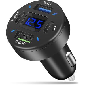 Chargeur Voiture USB C Rapide,4 Ports Allume Cigare USB C,[QC3.0 & PD & USB A & Type C] Prise Adaptateur Voiture avec LED Voltm&egrave;tre,Compatible avec iPhone,iPad,Samsung,iOS et Android - Neuf