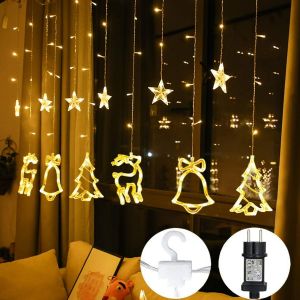 KAL-Guirlandes Lumineuses D'Intérieur 2.3M Rideau Lumineux 138Led Étoiles Cerfs Cloches Et Sapin De Noël Decoration Pour Fenêtre Mur Soirée Noël Mariage Anniversaire Maison Patio Fêtes - Neuf