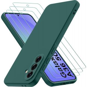 Kal-Coque Pour Samsung Galaxy A36 5g, Avec 3 Pièces Verre Trempé Protection Écran, Mince Souple Silicone Étui Protection Antichoc Bumper Housse Tpu Téléphone Case Cover, Vert Nuit - Neuf