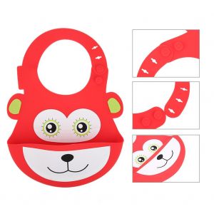 Bavoir En Silicone De Qualite Alimentaire Pour Bebe, Motif Animal De Dessin Anime, Serviette Portable Et Reglable Pour Bebe (Singe Rouge) - Neuf