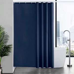 Rideau de Douche Tissu Anti Moisissure en Polyester Lavable en Machine Bleu Marine Long Rideaux de Bain Imperméable Lesté pour Baignoire avec 12 Anneaux 180x210cm - Neuf